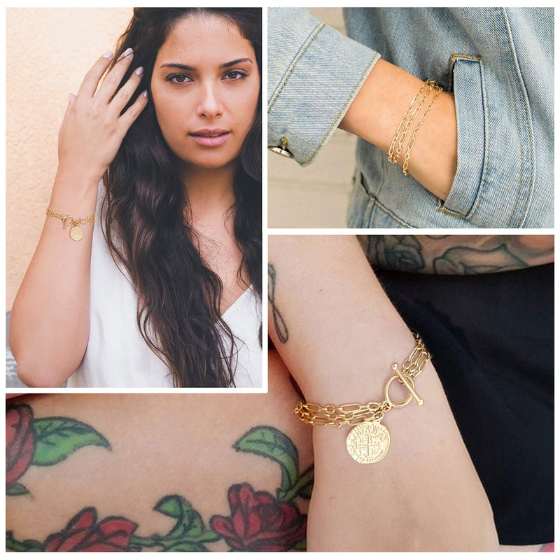 PEARLADA 3-Row 18K Gold Plated Chain Bracelet Dainty Cross Medallion Charm Bracelet OT Toggle Bangle Handmade Stacking Layering Jewelry Fashion Long and Short Oval Link Bracelet for Her - Image 5